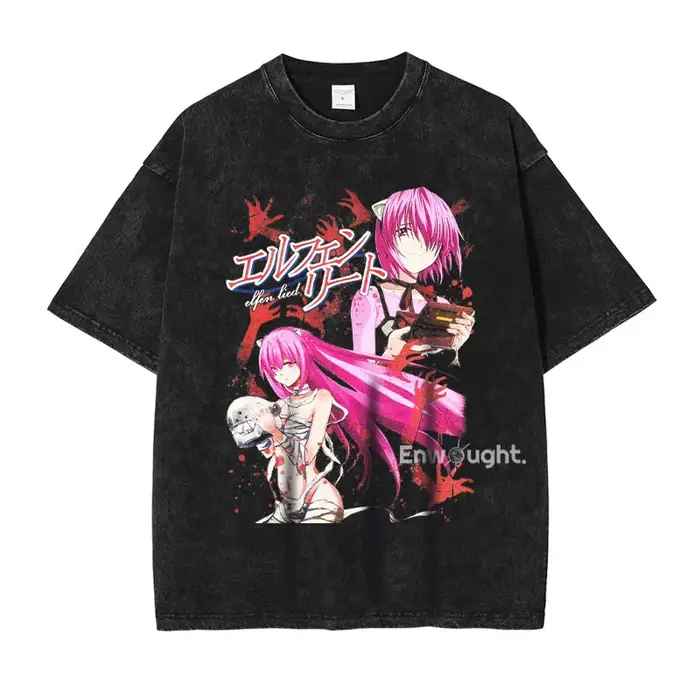 Anime Elfen Lied T-shirt Vintage lavé Y2K Manga motif haut t-shirts surdimensionné à manches courtes