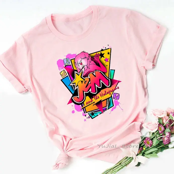 T-shirt femme rose, humoristique, Jem et l'hologramme, harajuku, été 2024