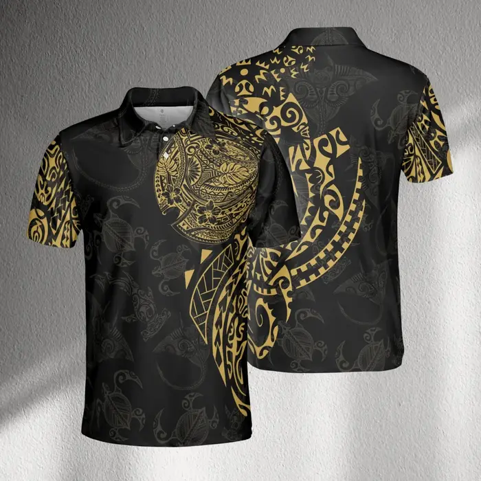 Polo Tribal noir doré, chemise pour hommes à motif de tatouage polynésien, haut d'été, t-shirt en Je
