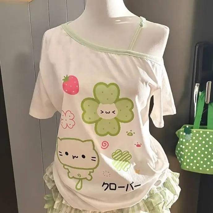 Ezgaga Harajuku t-shirts femmes dessin animé doux col diagonale manches courtes épaules nues drôle h