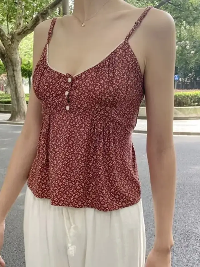Haut court à volants en coton à col en V pour femmes