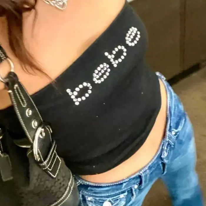 Y2k strass Bebe lettre impression T-shirt femmes