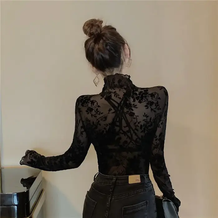 Taille M-XXXL Transparent flocage maille T-shirt femmes col roulé mince à manches longues t-shirts filles élastiques
