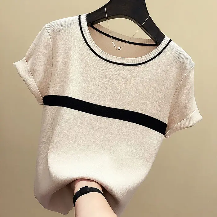 Camisetas Mujer nouveau mince tricoté T-Shirt femmes à manches courtes été hauts Femme vêtements ray
