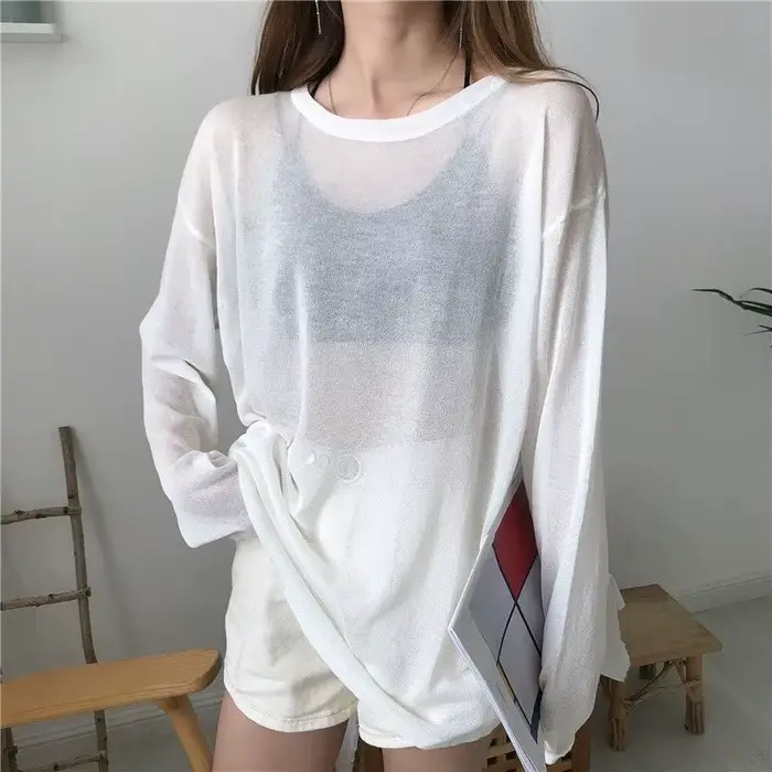 T-shirts transparents pour femmes, été, anti-UV, frais et respirants, à manches longues, couleur uni