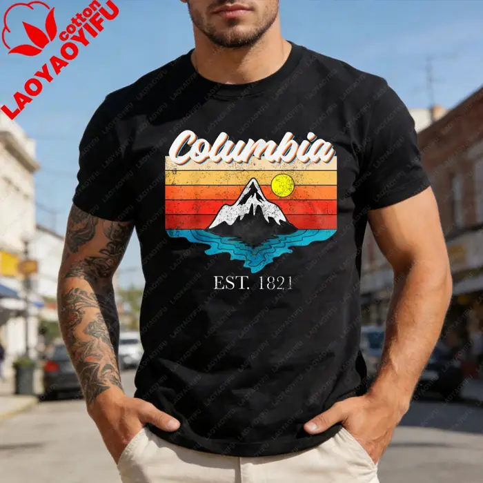 Columbia Mountain Sunset T-shirt en coton à manches courtes pour hommes, vêtements à la mode pour le