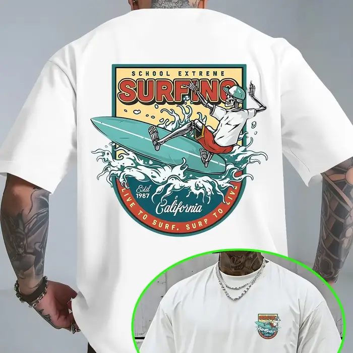 T-shirt rétro pour homme sur le thème du surf, design crâne de surfeur « California », confortable,