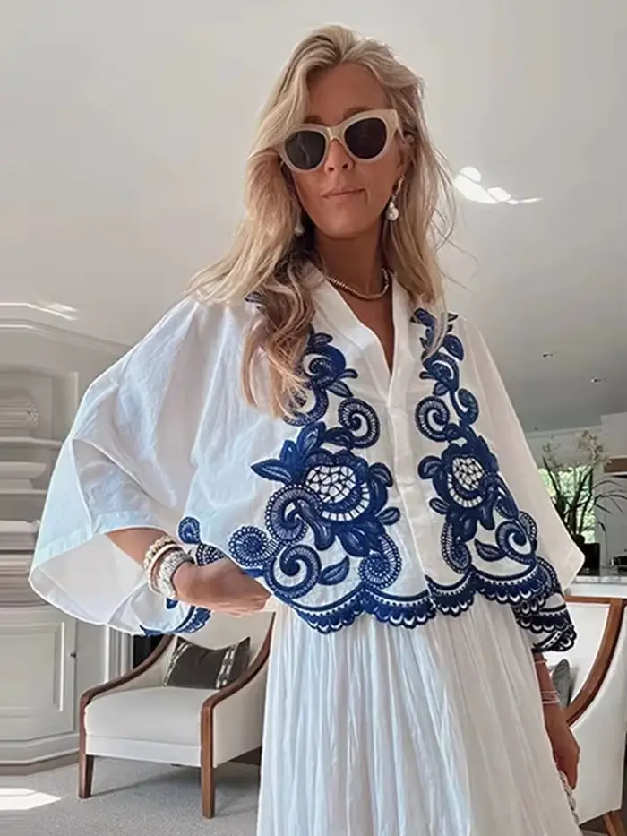 HH 2024 femmes mode bleu broderie florale Blouse décontracté ample col en V simple boutonnage chemise femme Chic haut Y2K