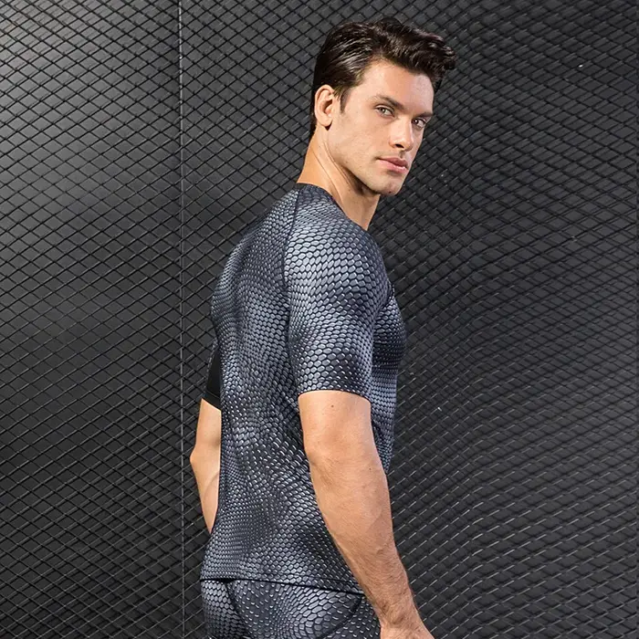 Chemises imprimées à Compression pour hommes, T-Shirt d'entraînement à manches courtes, hauts de course à séchage rapide, chemise d'entraînement athlétique