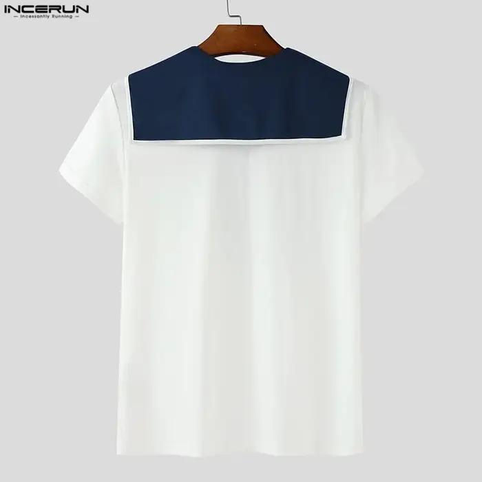 INCERUN hommes t-shirt Patchwork été col marine à manches courtes