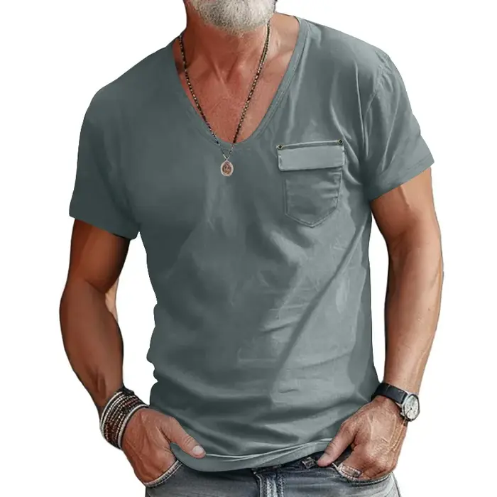 Hommes Col V Poche Économie Casual Homme À Manches Courtes Solide document At Tee Shirt Y-CBFS-CY-25-A
