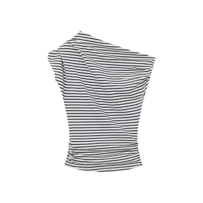 Slim Fit rayé épaule inclinée T-Shirts femmes été Chic taille cintrée en plein air Bared coréen Sle coton haut décontracté
