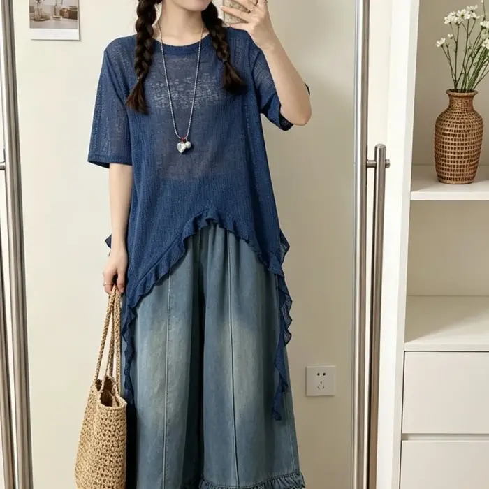 T-shirt bleu décontracté à manches courtes pour femme, coupe ample et amincissante, avec volants irr