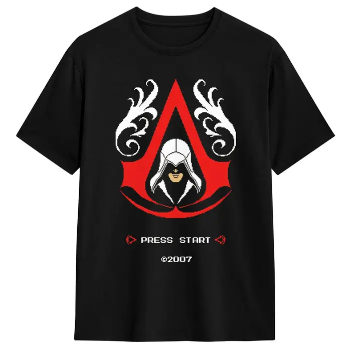 Assassins Creed Pixels T-Shirt d'été décontracté en pur coton, col rond, surdimensionné, manches cou