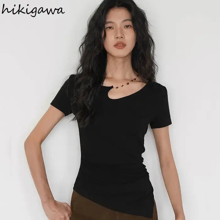 T-shirts Femme Noire 2026 – Tunique à Manches Courtes en Coton Y2K – Hauts Décontractés et Sexy pour l'Été – Style Coréen – Camisetas