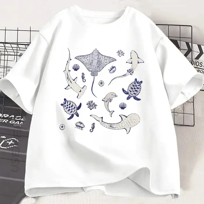 T-shirt à motif d'animaux marins, raie, requin, tortue, dauphin, vêtements décontractés d'été sur le