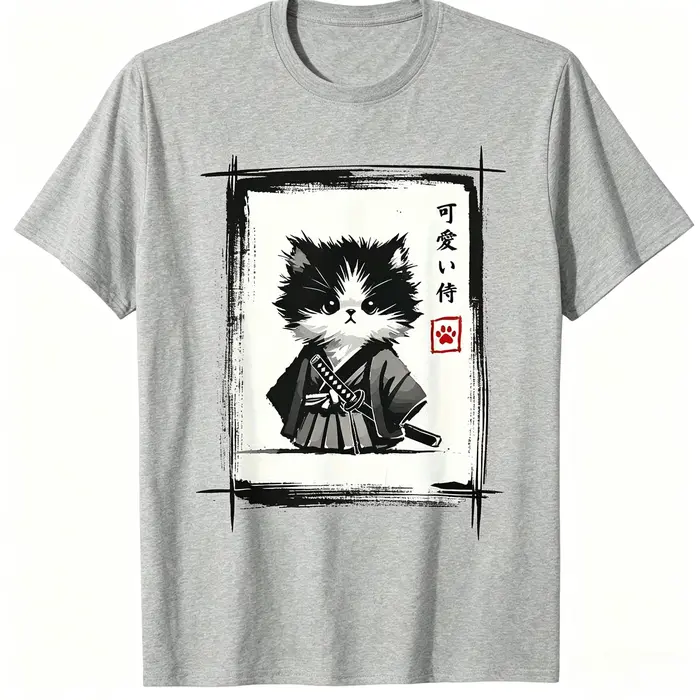 T-shirt imprimé Kawaii Chat Samouraï Art à l'encre japonaise
