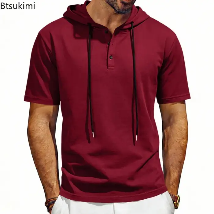 T-shirt à capuche confortable à manches courtes pour homme 2026 – Col Henley