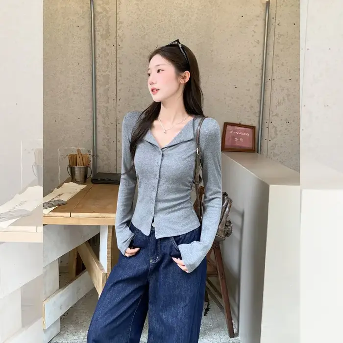 T-shirt à manches longues et col POLO pour femme
