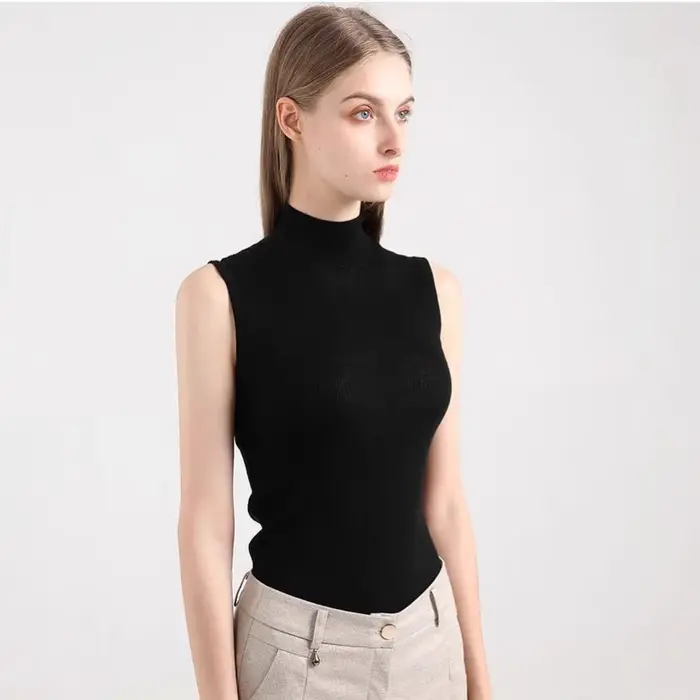 Gilet tricoté noir sans manches, col haut fin, demi-longueur, coupe ajustée, Style court, chemise de