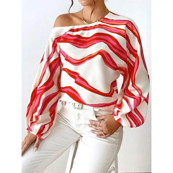 Mode à manches longues Sexy épaules nues chemises femmes Slash cou imprimé Blouses décontractées en vrac