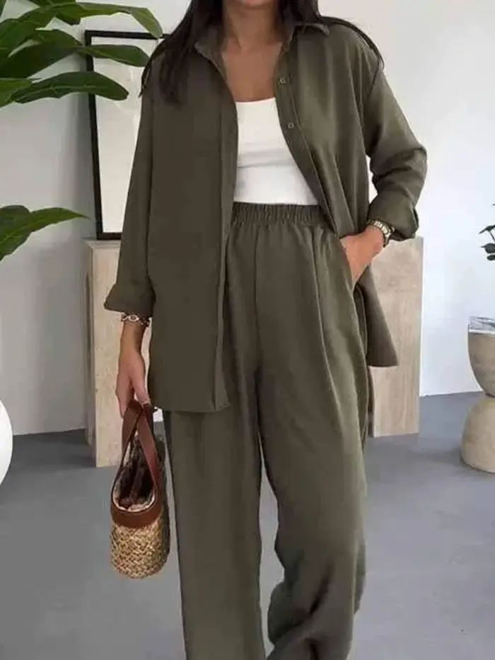 Ensemble 2 pièces mode été pour femme : chemise polyvalente à manches longues et revers