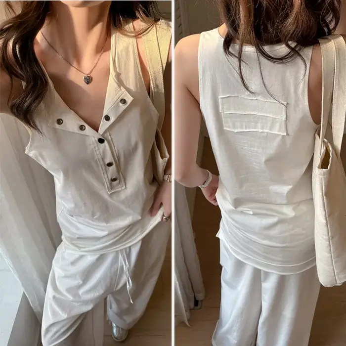 Débardeur en coton à col Henley pour femme