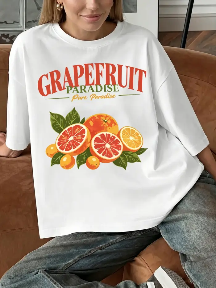 T-shirts imprimés Grapefruit Paradise pour femmes, en coton, à manches courtes, col rond, coupe over