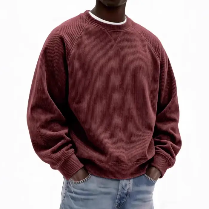 Sweat-shirt col rond en velours côtelé gris pour hommes