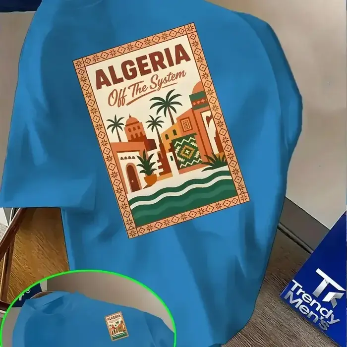 T-shirt rose à motif algérien pour hommes et enfants - Texte audacieux « Algérie » et design de paysage urbain