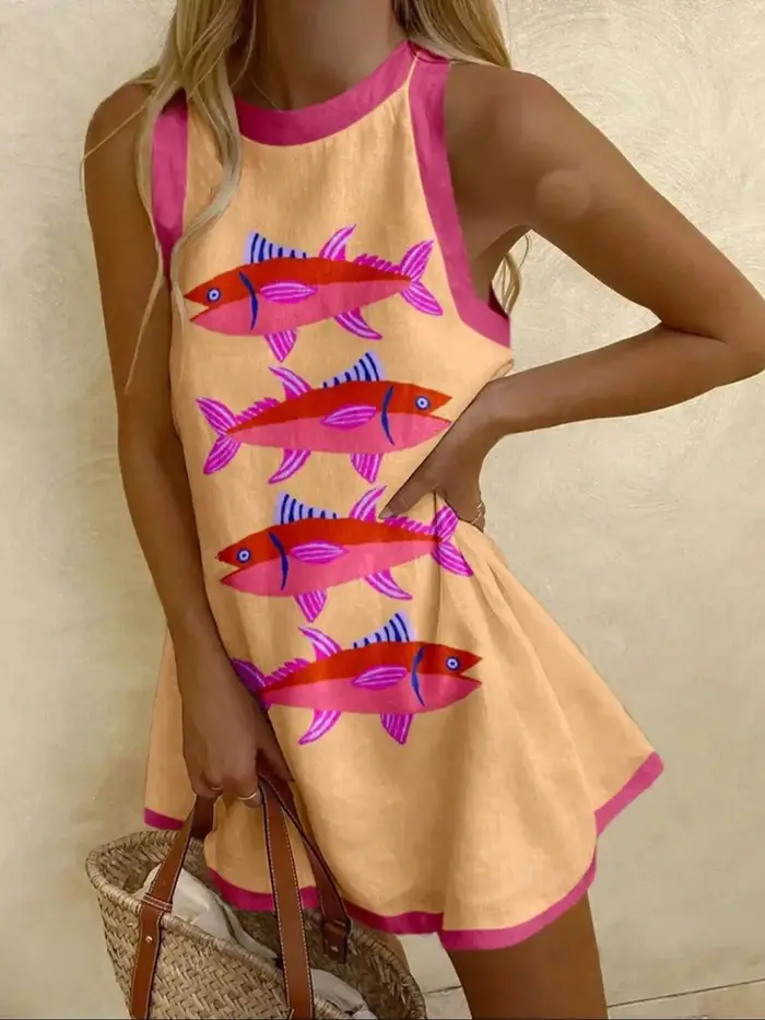 Vacances en bord de mer Sardine poissons tropicaux déclenchant sans manches Mini robes surdimensionnées Y2k dames