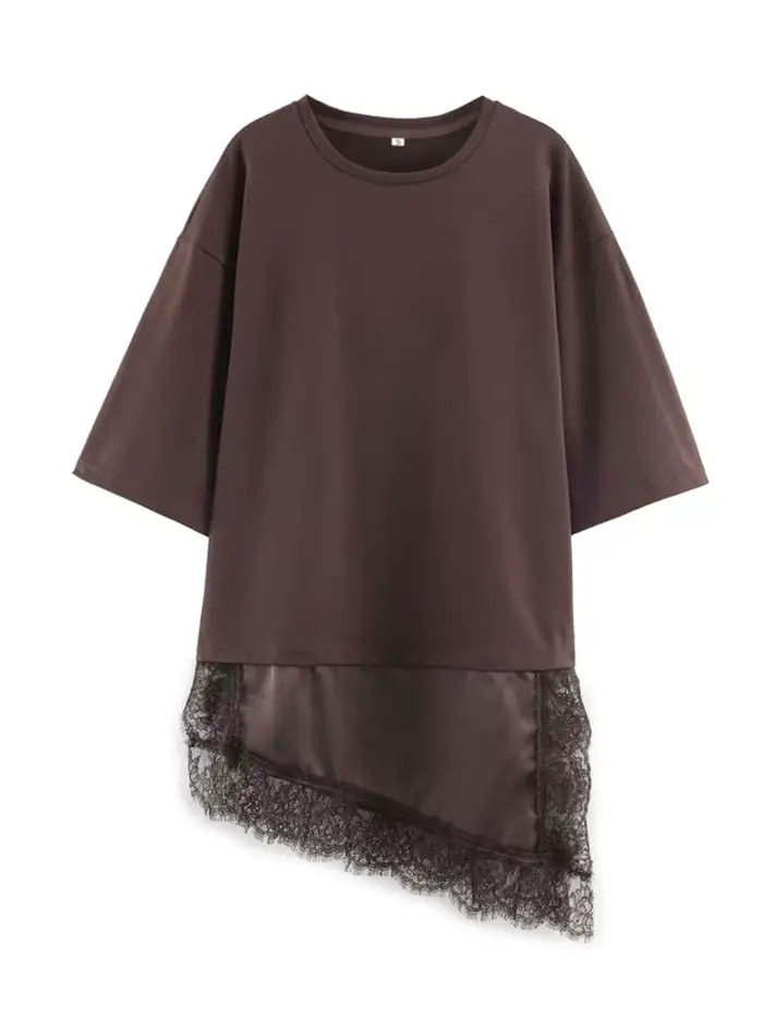 T-shirt asymétrique vintage pour femme avec empiècement en dentelle satinée