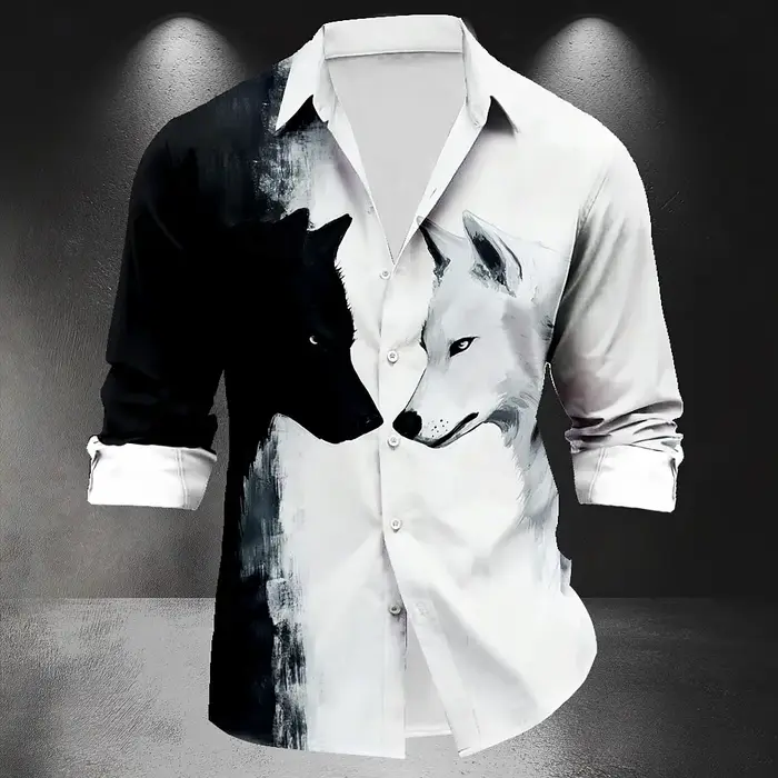 Chemise léopard loup noir et blanc pour homme, chemise créative, décontracté, rue, extérieur, nouvea