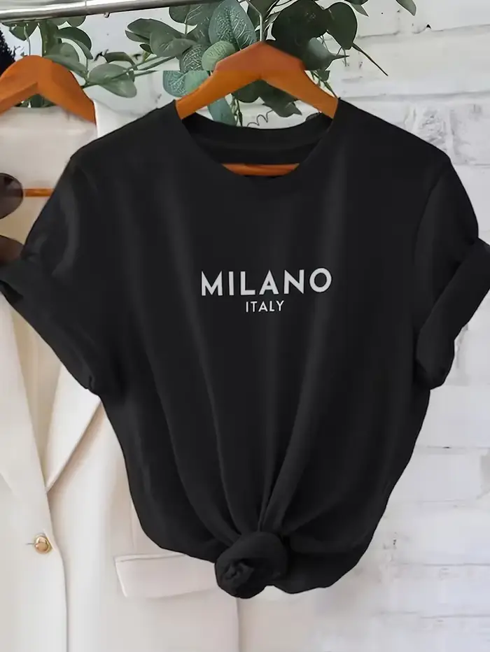T-shirt à manches courtes et col rond pour femme, haut décontracté, imprimé lettre Milano, vêtements