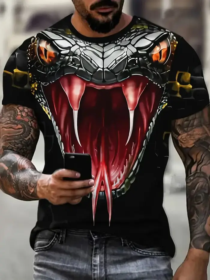 Mode 3D Serpent Imprimé T-Shirt pour Hommes Motif Animal Drôle Surdimensionné