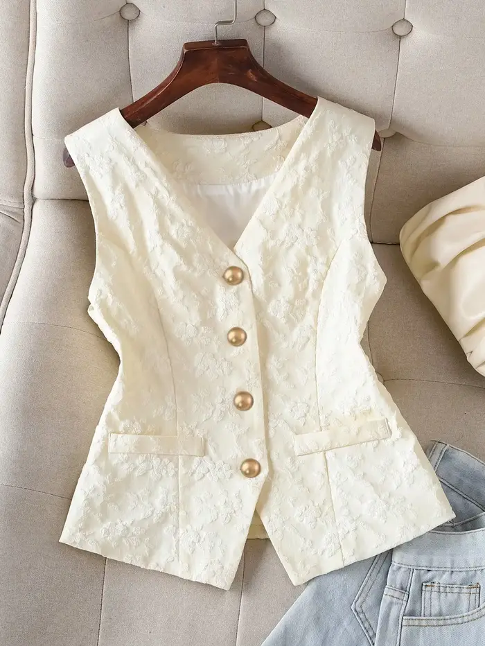 Gilet de costume décontracté en tissu texturé pour femme – Élégant et sans manches