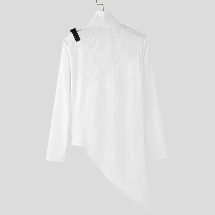 Mode solide fosse rayure T-shirt hommes col montant à manches longues conception irrégulière pull coupe ajustée élastique sport t-shirts Streetwear