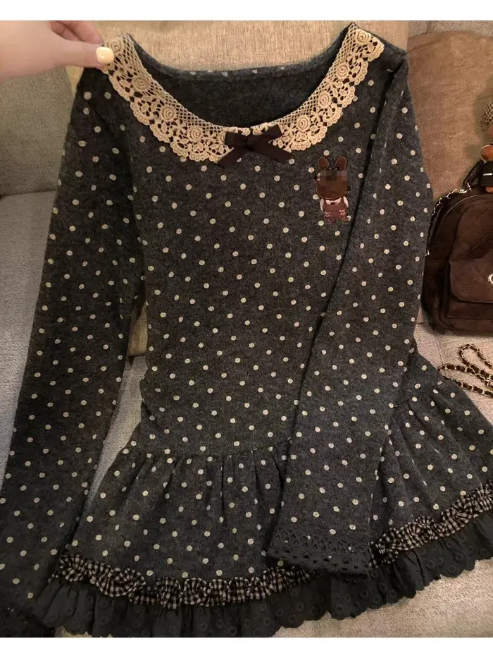 T-shirts japonais Kawaii Lolita pour femmes, style vintage, dentelle douce, volants, broderie de des