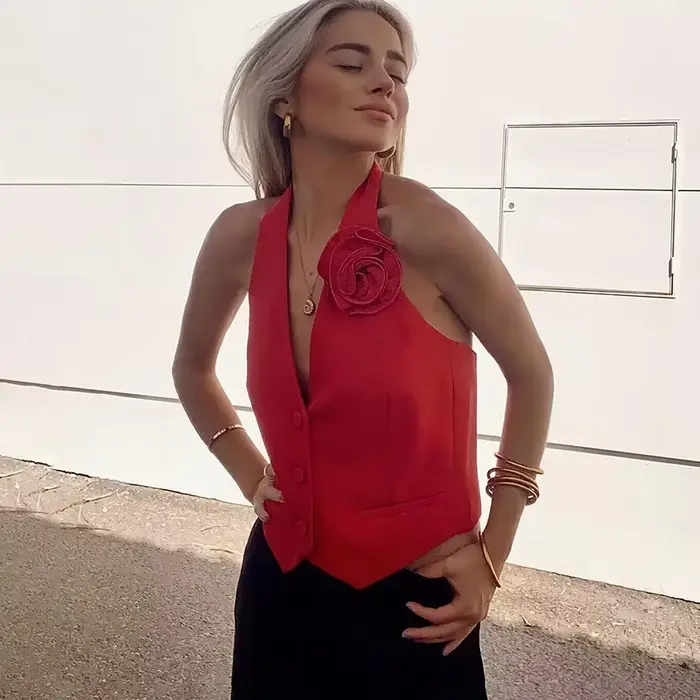 Tuularose fleur décoration gilet haut pour femmes col en V licou simple boutonnage