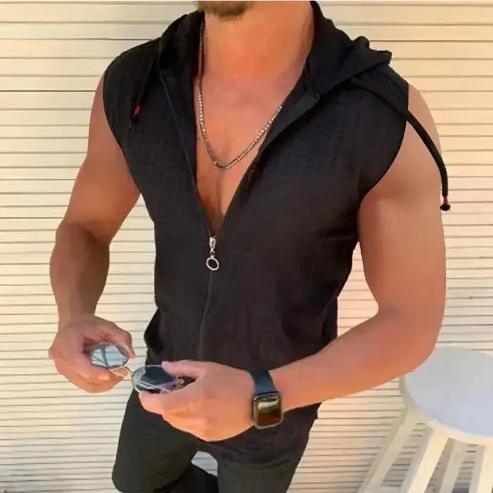 T-shirt sans manches à capuche et fermeture éclair pour homme, nouvelle mode été 2026, motif écossai
