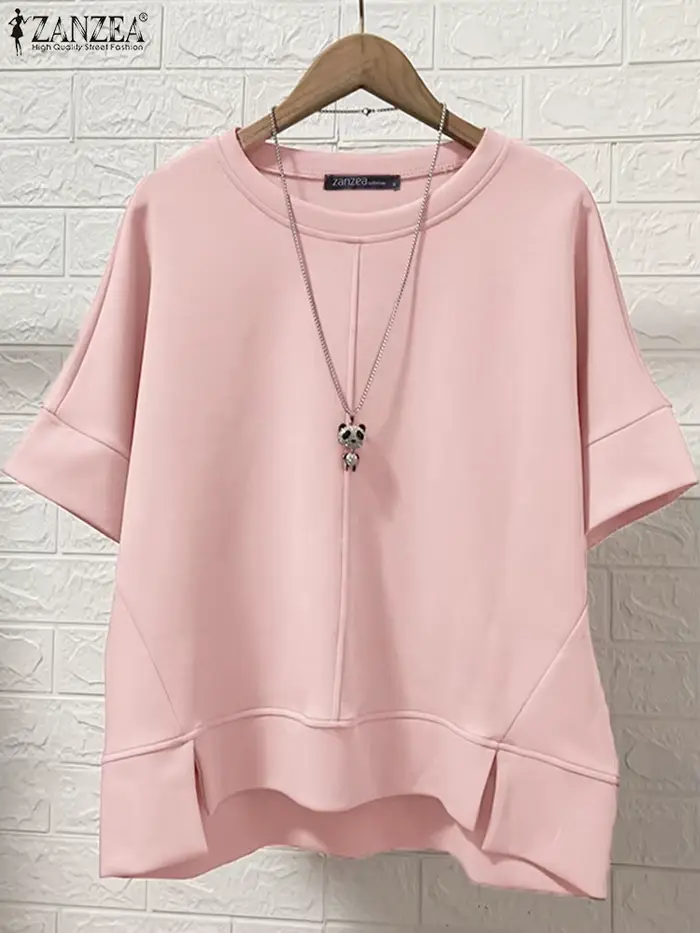 ZANZEA Streetwear ourlet asymétrique T-Shirts femmes décontracté col rond demi manches Patchwork
