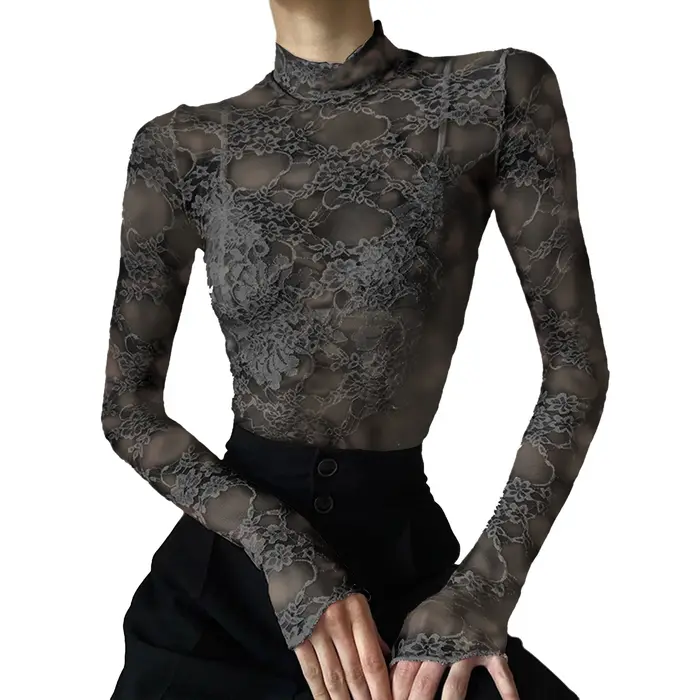 T-shirt à manches longues en dentelle florale pour femmes