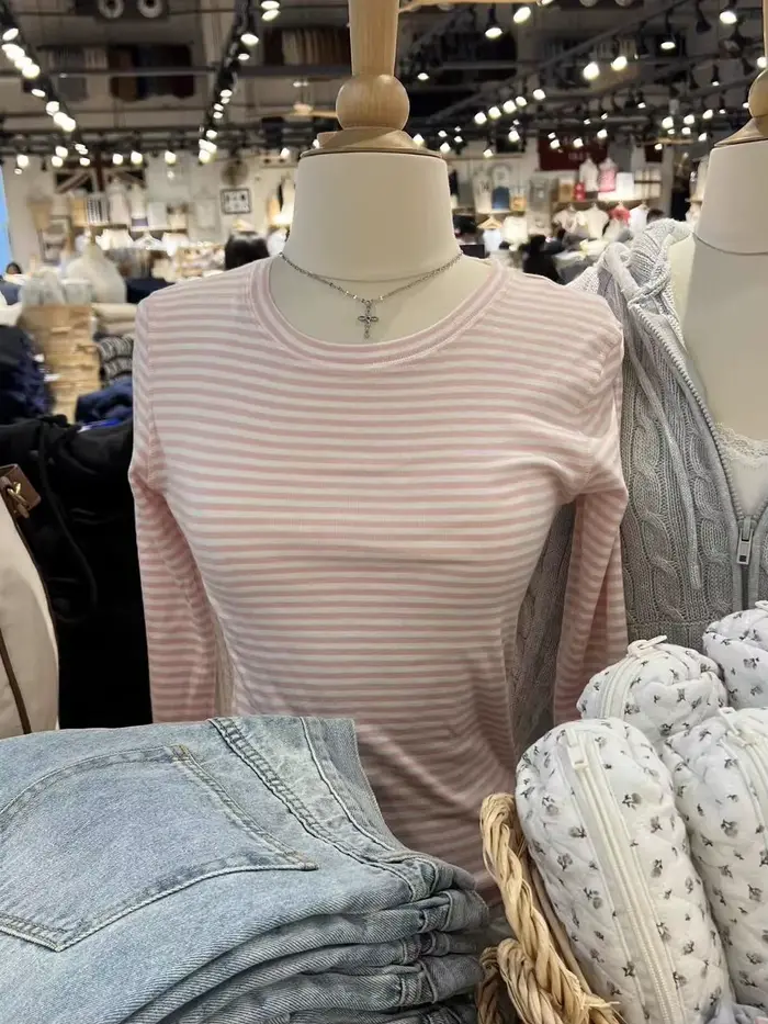 T-shirt à manches longues rayé rose pour femmes