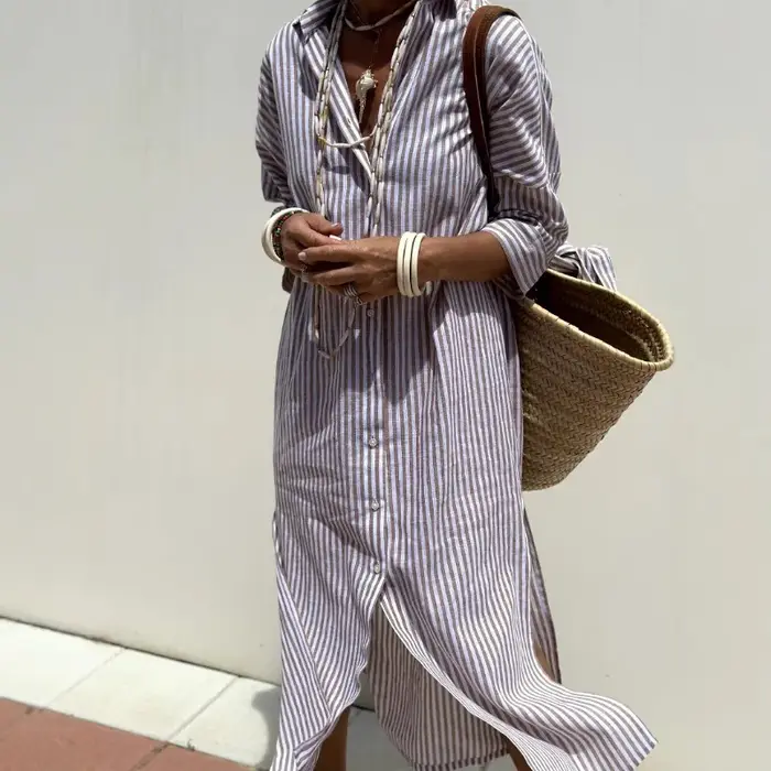 Robe chemise cardigan à col polo sans manches mi-longue rayée tendance pour femme