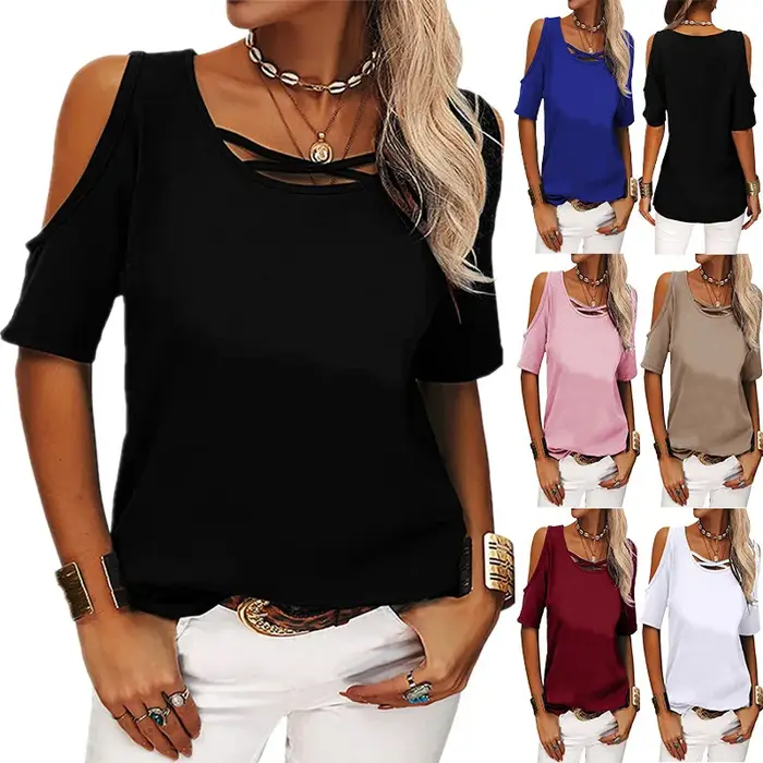 T-shirt à manches courtes et épaules dénudées pour femme