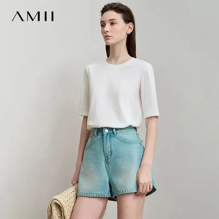 AMII minimaliste coton noir T-Shirt pour femmes 2025 bureau dame O cou plaine tricot