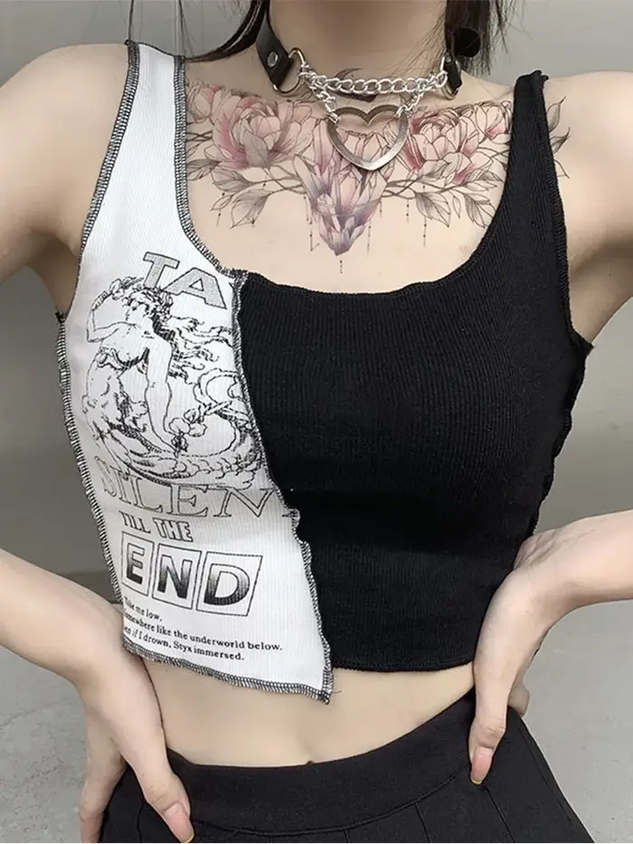Débardeur en Patchwork Style Punk pour femmes, haut court sans manches, esthétique avec lettres et g