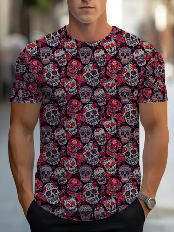 T-shirt tendance style urbain avec imprimé lune et loup hurlant, décontracté pour homme, streetwear d'été, col rond, manches courtes