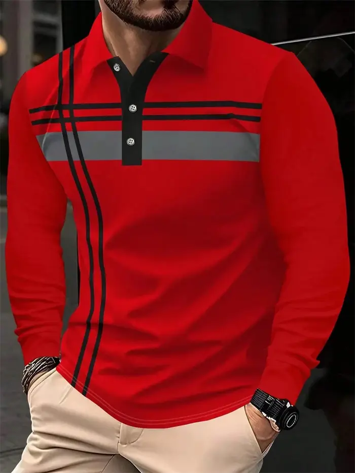 Chemises polo à rayures simples pour hommes, été, décontractées, manches longues, imprimées en 3D, c