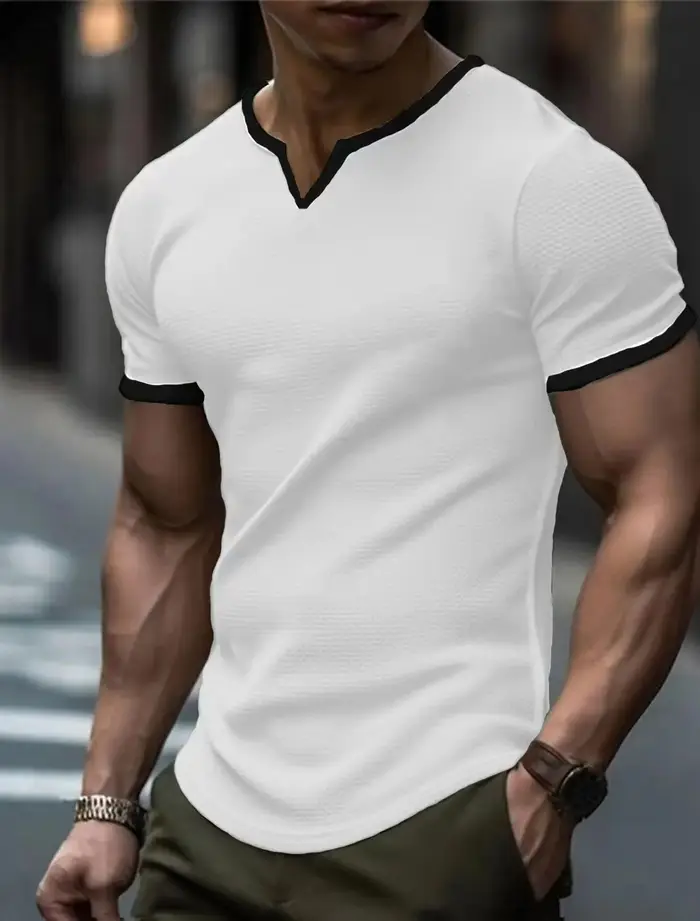 T-shirt à carreaux pour hommes, chemise décontractée à col en V, pull à manches courtes, chemise de